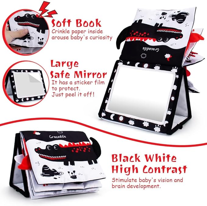 Tummy Time Mirror, Baby Tummy Time Toys with Soft Book, Black and White High Contrast Baby Toys, 3D Activity Sensory Montessori Toys Crawling Mat