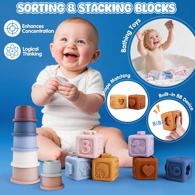 6 in 1 Baby Toys 6 to 12 Months, Montessori Toy for 1 Year Old, Infant Teething Toy Stacking Blocks Cups,Sorting Sensory Bin, Matching Egg Sensory Ball Educational Learning Gift for Toddlers Aged 1-3