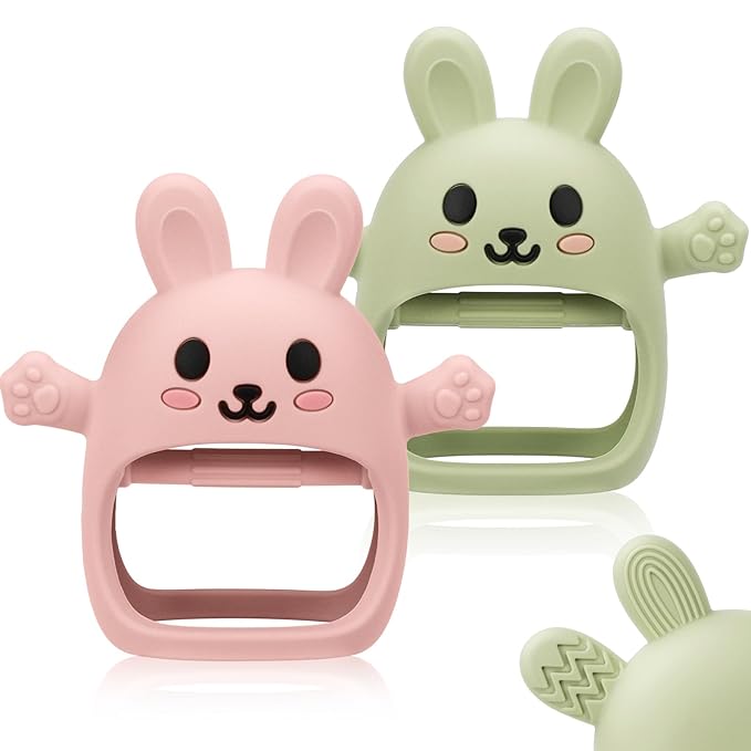 2 Pack Baby Teething Toy for 3-6 6-12 Months, Silicone Bunny Teething Mitten, Anti Drop Wrist Hand Baby Teethers 0 3 6 9 12 Months for Babies Sucking Needs