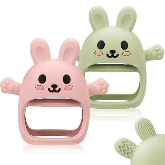 2 Pack Baby Teething Toy for 3-6 6-12 Months, Silicone Bunny Teething Mitten, Anti Drop Wrist Hand Baby Teethers 0 3 6 9 12 Months for Babies Sucking Needs