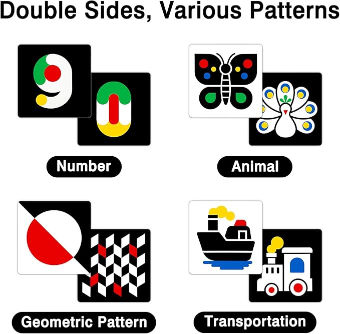 High Contrast Baby Flashcards, Black White Baby Cards with Red Yellow Blue Newborn Toys for Infants Visual Stimulation Brain Sensory Development 20 Pcs 40 Pages 5.7'' x 5.7''(3-6 Months)