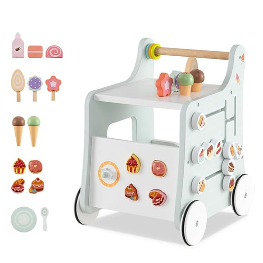 BABY JOY 2-in-1 Wooden Baby Walker, Montessori Activity Center w/Storage, Wheels, Kids Dessert Shop Walking Toy w/Ice Cream, Slider, Maze, Plate, Push Walker for Boys and Girls 1+ Years Old (Green)