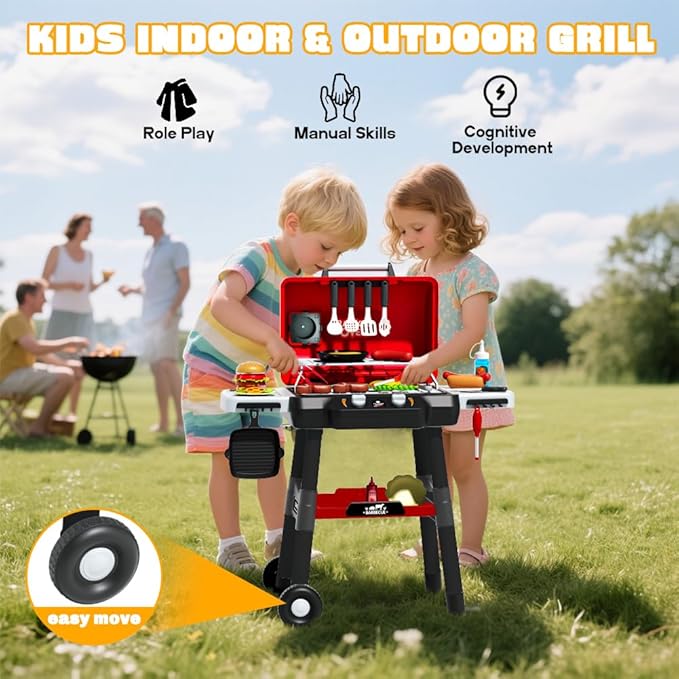 Kids Grill Playset, BBQ Toy Grill with Smoke Sound Light and Wheel, Movable Pretend Play Kitchen Toys Grills for Toddlers 3-5, 2-Layer Barbecue Play Food Christmas Birthday Gifts for Grandkids