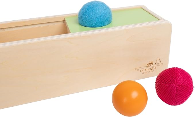 Leticia's Corner Montessori-Inspired Wooden Object Permanence Box, Sliding Top Box with Felt, Wooden and Knitted Balls, Imbucare Box, Ball Drop, Montessori Toy for Babies 6 Months and Older