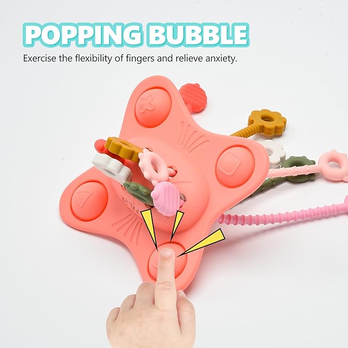 Silicone Montessori Sensory Toys for 18 Months Baby, Drawstring Activity Toy, Early Learning Fine Motor Skills Toys, Car Seat Airplane Travel Teething Toys (Pink)