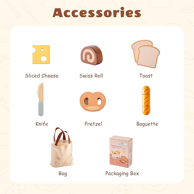 ROBOTIME Wooden Play Food Cutting Bread Set, Pretend Play Toy Food for Play Kitchen with Shopping Bag – Kids Kitchen Accessories, Wooden Bread Toys for Boys & Girls