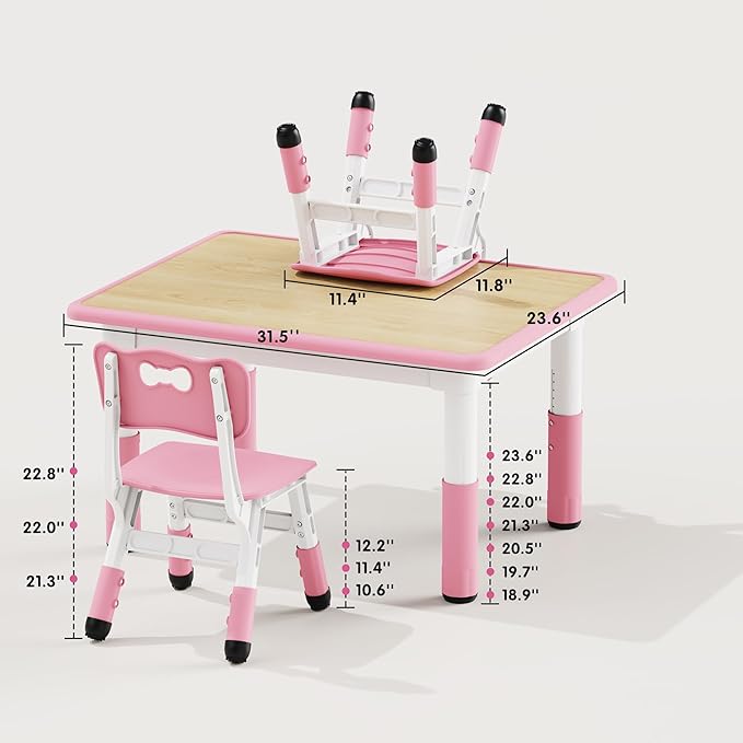 Brelley Kids Table and 2 Chairs Set, Height Adjustable Toddler Desk 31.5" L x 23.6" W and Chair Set, Graffiti Desktop, Classroom/Daycare/Home, Children Multi-Activity Table for Ages 2-8
