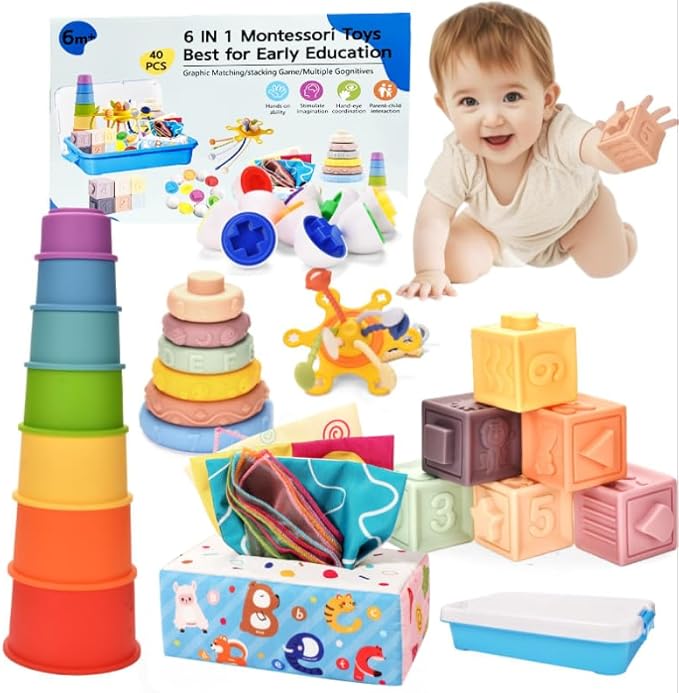 Baby Toys 6-12 Months,Baby Montessori Toys for 1 Year old,6-in-1 Sensory Toys for Babies 6-12 Month,Stacking Cups Building Blocks,Teething Pull String,Tissue Box Toys for 6-9-12-18 Months Baby Gifts
