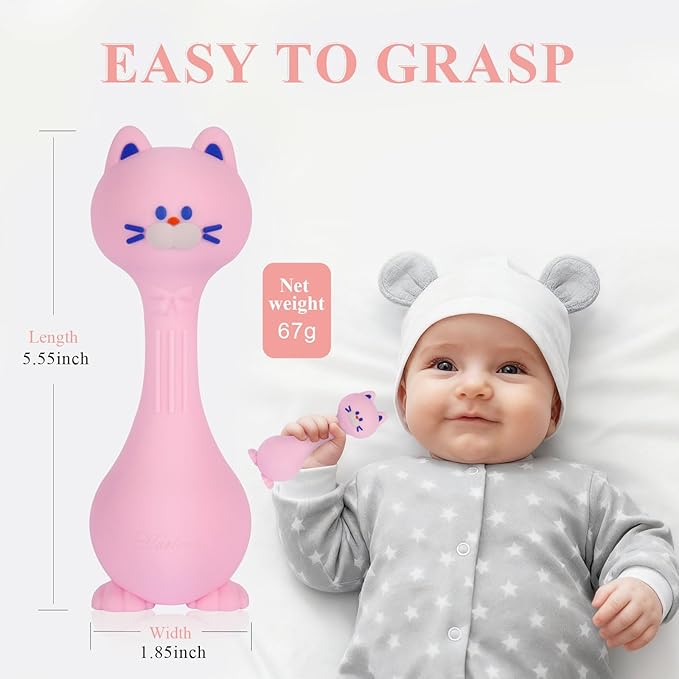 Baby Rattle Teething Toys Cat Silicone Teether Rattles for Baby 0-36 Months Food Grade Silicone (Pink)