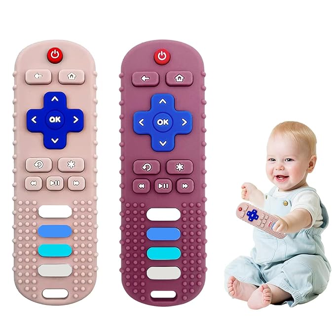 2-Pack Baby Teething Toys-TV Remote Control Shape Silicone Infants Teething Toys for Babies 0-18 Months,BPA-Free (Khaki+Red)