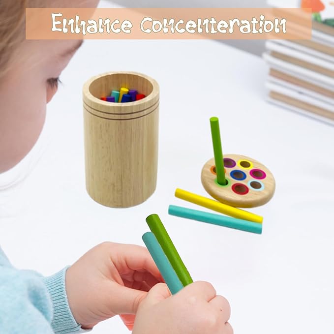 Wooden Montessori Sticks Toys for Kids, 8 Colors Natural Wood Toddler Learning Sorting Toys for 3 Year Old, Sensory Matching Game Birthday Gifts for Boys Girls (Round Sticks)