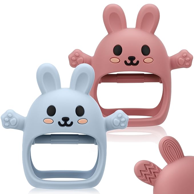 2 Pack Baby Teething Toys for 3-6 6-12 Months, Soft Silicone BPA Free Bunny Teething Mitten, Anti Drop Chew Teether Toys 0-3 6 9 12 Months for Babies Sucking Needs