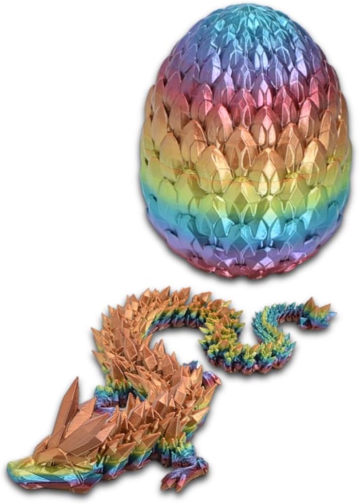 3D Printed 14'' Articulated Crystal Dragon with Egg, Toy Home Office Decor, Executive Desk Toy, Adult Fidget Toy, Toddler Play Game (Rainbow, Medium 14'' w/Dragon Egg)