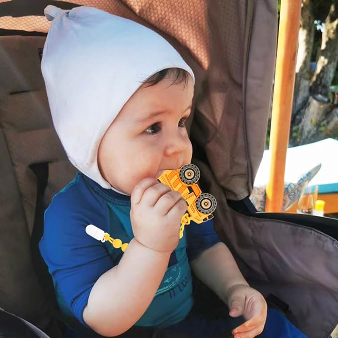 Baby Construction Vehicles Teething Toys,Food Grade Silicone Teether with One-Piece Pacifier Clip Holder,Shower Gift for 3 Months+ Boy and Girl,BPA Free,Freezer Safe. (Dump Truck)