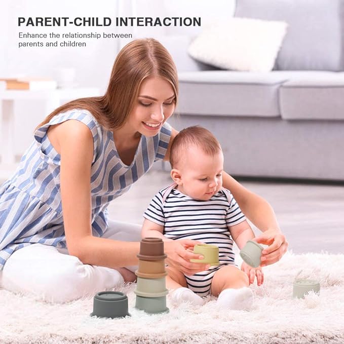 BOBXIN Stacking Cups Baby Building/Bathtub/Beach Toy, Nesting Cup Early Educational Montessori Toddlers Stacking Toy, 8 Pcs with Numbers & Pattern, Fun for Kid Baby 6-12 Months Play for Indoor/Outdoor