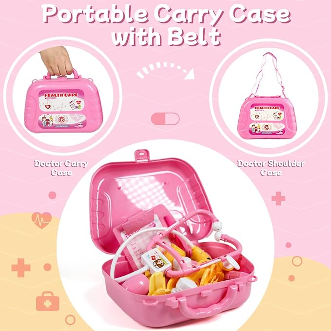 Meland Toy Doctor Kit for Girls - Pretend Play Doctor Set with Carrying Case,Stethoscope Toy & Dress Up Costume - Doctor Play Set for Girls Toddlers Ages 3 4 5 6 Year Old for Role Play Gift
