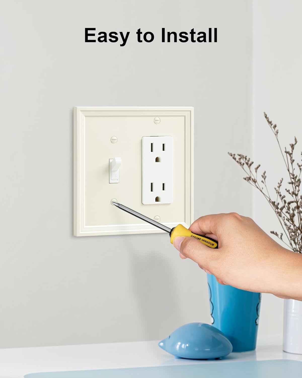 2-Pack Combo Toggle/Decorator Light Switch Cover Plate, Light Almond Modern Decorative Electrical Outlet Covers, Bamboo Fiber Wall Switch Plates and Outlet Covers