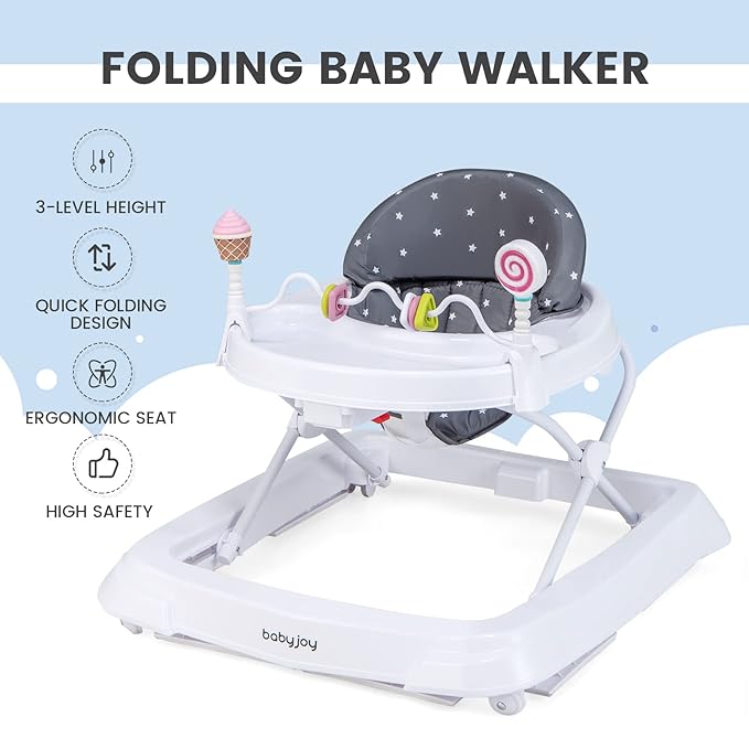 BABY JOY Baby Walker, Foldable Activity Walker with Adjustable Height, Large Tray & Removable Toys, Baby Walker with Wheels for Boys Girls 6-18 Months (Gray, Star Pattern)