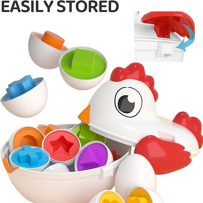 TEMI Toddler Chicken Easter Eggs - Color Matched Game Shape Sorter with 6 Toy Eggs for Kids 3-5, Fine Motor Skills Sensory Toys, Educational Gifts for 3-6 Girls Boys Baby