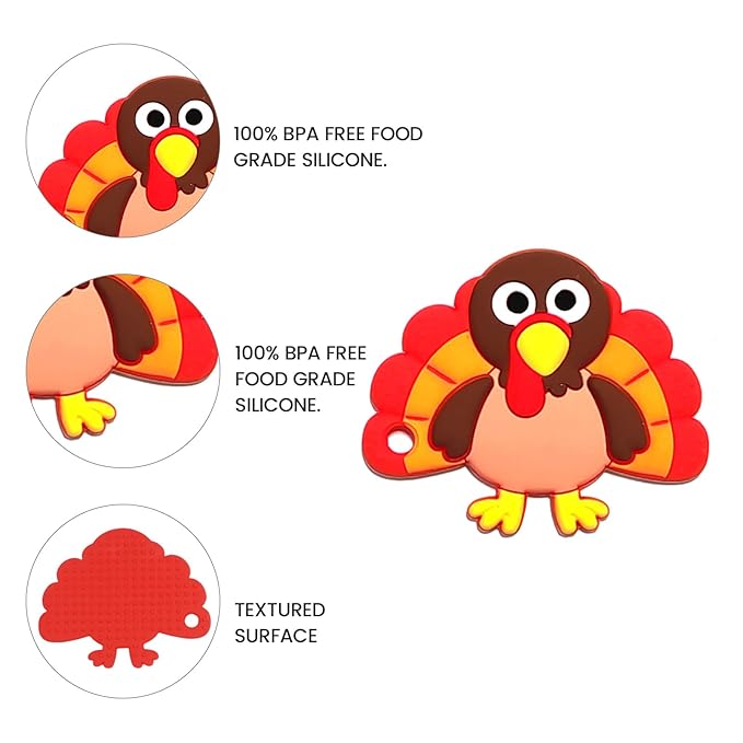 Cute Animal Baby Food Grade Silicone Teether Toy with One Piece Design Pacifier Clip Holder,Teething Toys Gift Set for 3 Months+ Boys and Girls,Freezer Safe,BPA Free (Red Turkey)
