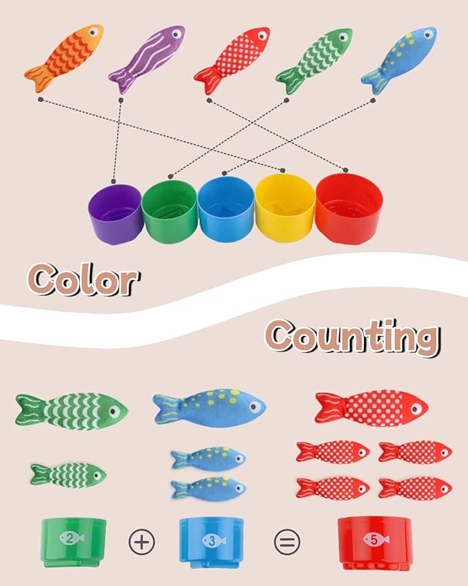 Montessori Toys for 1 Year Old, Cloth Fishing Game for Toddlers 1-3 with Stacking Cups, Baby Boy Girl First Birthday Gift, Color Sorting | Number Counting | Shape Learning