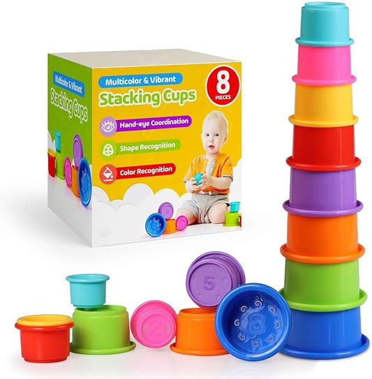 Colorful Stacking Cups for Babies and Toddlers, 8 PCS Nesting and Stackable Cups for Bath, Beach, Montessori Play, Early Learning and Fine Motor Skill Development - 8 Count