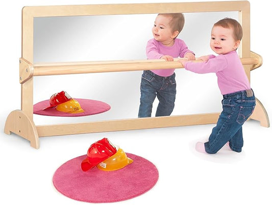 3-Position Montessori Wood Frame Non-Shatter Safety Pull Up Bar Baby Big Mirror Set, Infant Coordination Mirror, Kids Classroom Furniture for Daycare, Homeschool or Preschool