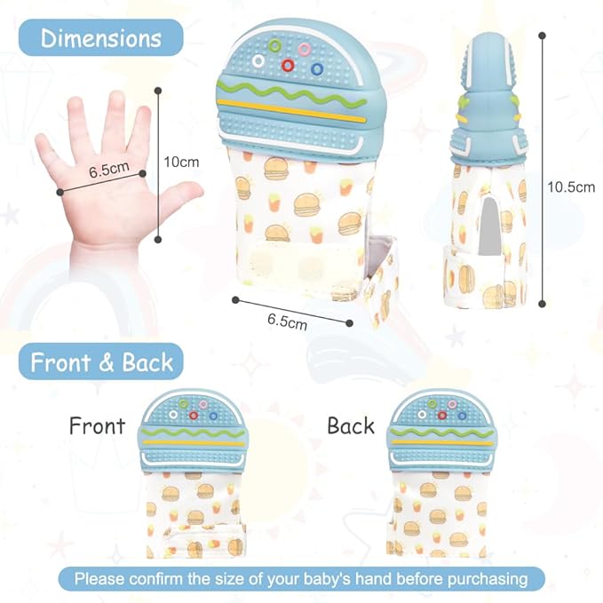 2Pack Silicone Teething Mitt, Hamburger Baby Teething Toy for 0-6 6-12 Months, Food Grade Silicone Infant Teething Mitten, BPA-Free Baby Chew Toys for Pain Relief, Sucking Needs