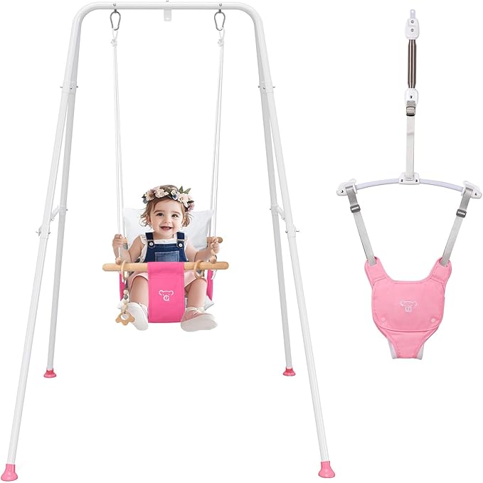 2 in 1 Baby Jumper with Toddler Swing, Baby Jumpers and Bouncers,Indoor Outdoor Toddler Swing Set（Pink）