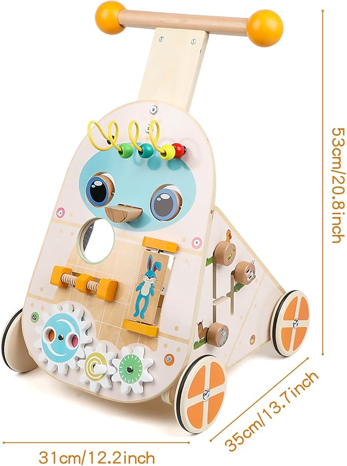 Wooden Push Walker, Adjustable Speed Baby Push Walker Activity Center Toys, Wooden Baby Walker Push and Pull Learning Activity Walker, Learning & Walking Toy for Boys Girls