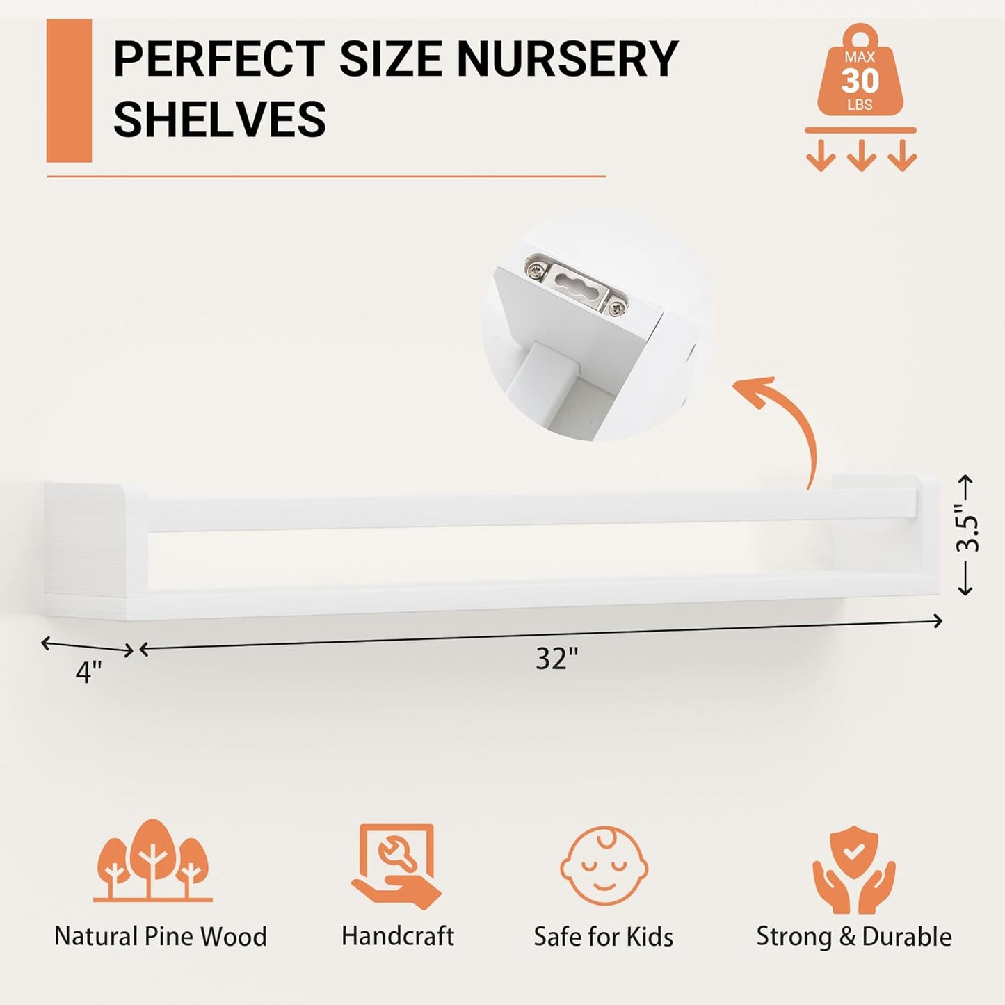 Heimlove Nursery Floating Shelves, White Nursery Book Shelves for Wall, 32 inch Wall Bookshelf for Kids Solid Wood Wall Mounted Shelves for Books,Toys and Decor Storage, Set of 3