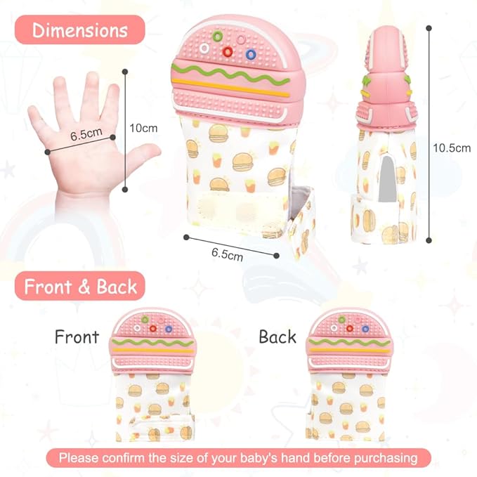 2Pack Silicone Teething Mitt, Hamburger Baby Teething Toy for 0-6 6-12 Months, Food Grade Silicone Infant Teething Mitten, BPA-Free Baby Chew Toys for Pain Relief, Sucking Needs