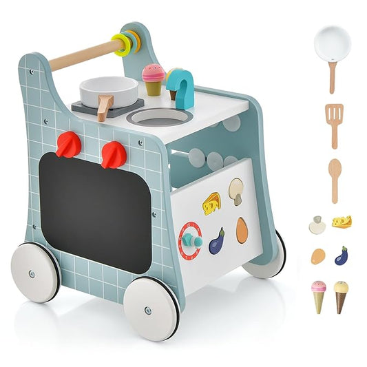 BABY JOY 6 in 1 Wooden Baby Walker, Toddler Pretend Play Kitchen Playset, Push and Pull Sit-to-Stand Learning Walker Activity Center, Montessori Educational Toy, Push Walker for Boys Girls