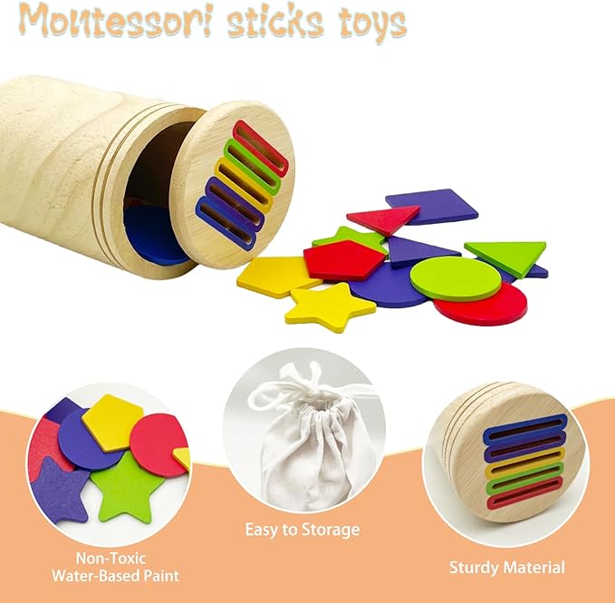Wooden Montessori Sticks Toys for Kids, 8 Colors Natural Wood Toddler Learning Sorting Toys for 3 Year Old, Sensory Matching Game Birthday Gifts for Boys Girls (Multi-Shaped Flake)