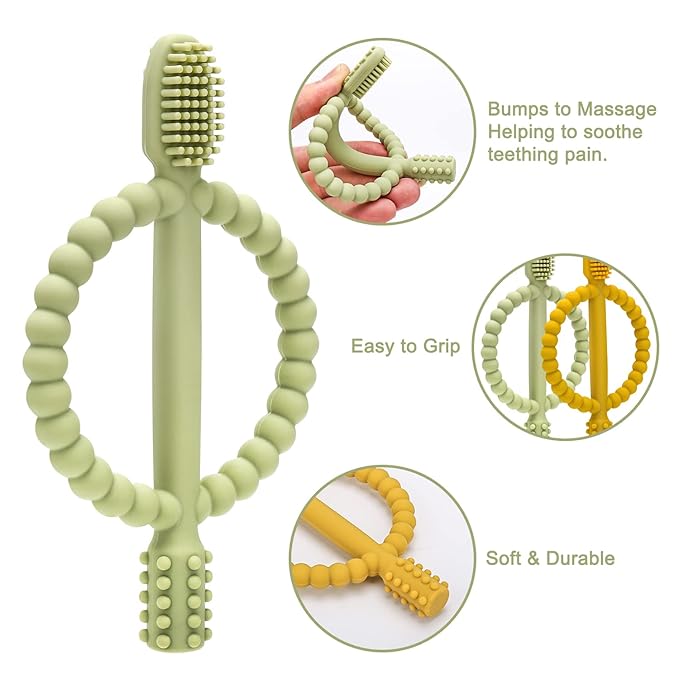 Baby Teething Toys with Easy-Hold Handle, Silicone Infant Toothbrush, Textured On Both Sides Helps Massage, Soothe Sore Gums, Teething Toys for Babies 0-6 Months, 6-12 Months
