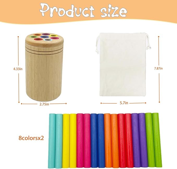 Wooden Montessori Sticks Toys for Kids, 8 Colors Natural Wood Toddler Learning Sorting Toys for 3 Year Old, Sensory Matching Game Birthday Gifts for Boys Girls (Round Sticks)
