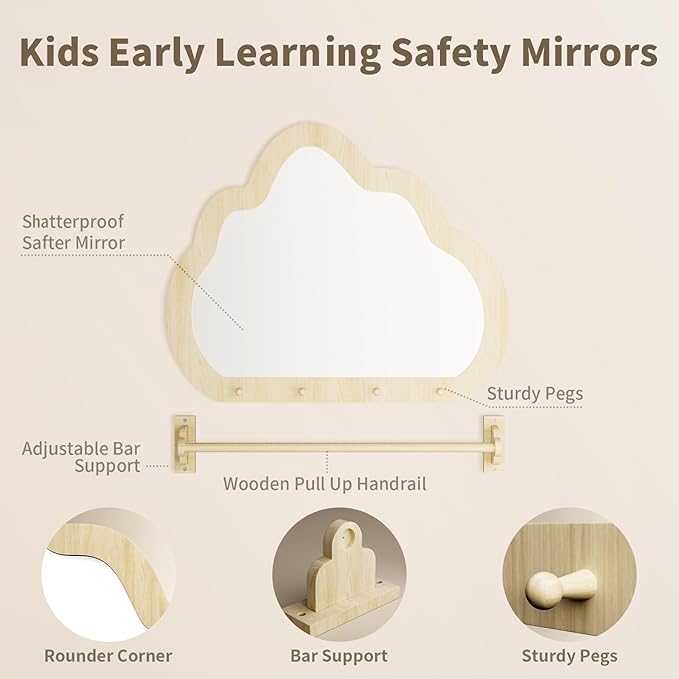 Montessori Mirror with Bar, Baby Pull to Stand Toys, Easy Assembly Natural Frame, Adjustable Infant Mirror, Montessori Furniture for Toddler 6-18 Months-Natural