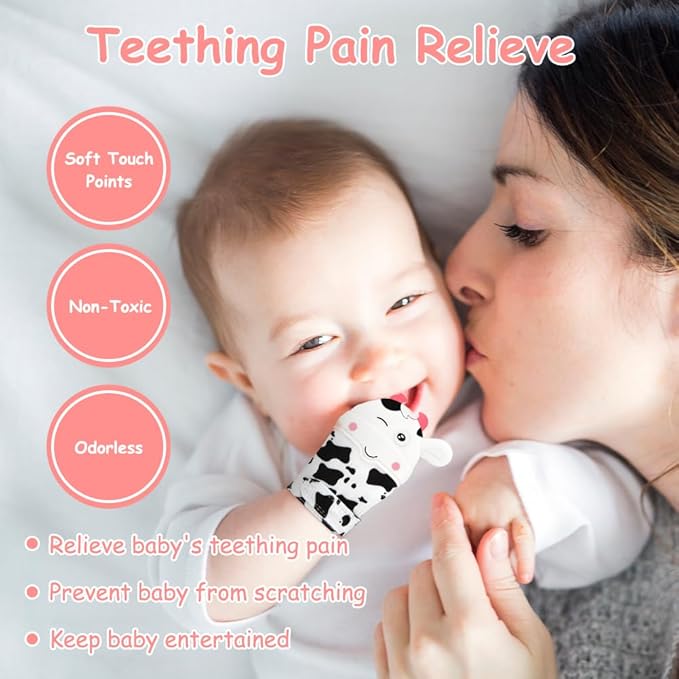 2Pack Silicone Teething Mitt, Cow Baby Teething Toy for 0-6 6-12 Months, Food Grade Silicone Infant Teething Mitten, BPA-Free Baby Chew Toys for Pain Relief, Sucking Needs