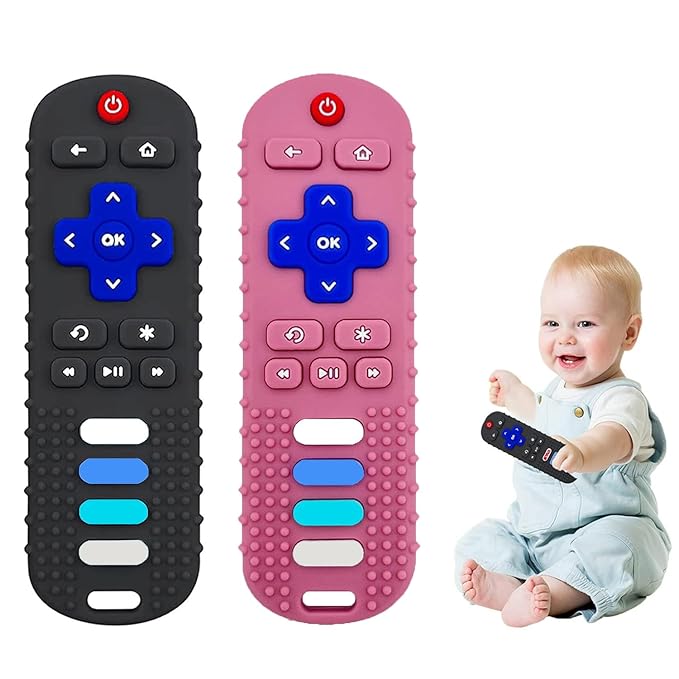 2-Pack Baby Teething Toys-TV Remote Control Shape Silicone Infants Teething Toys for Babies 0-18 Months,BPA-Free (Black+Pink)