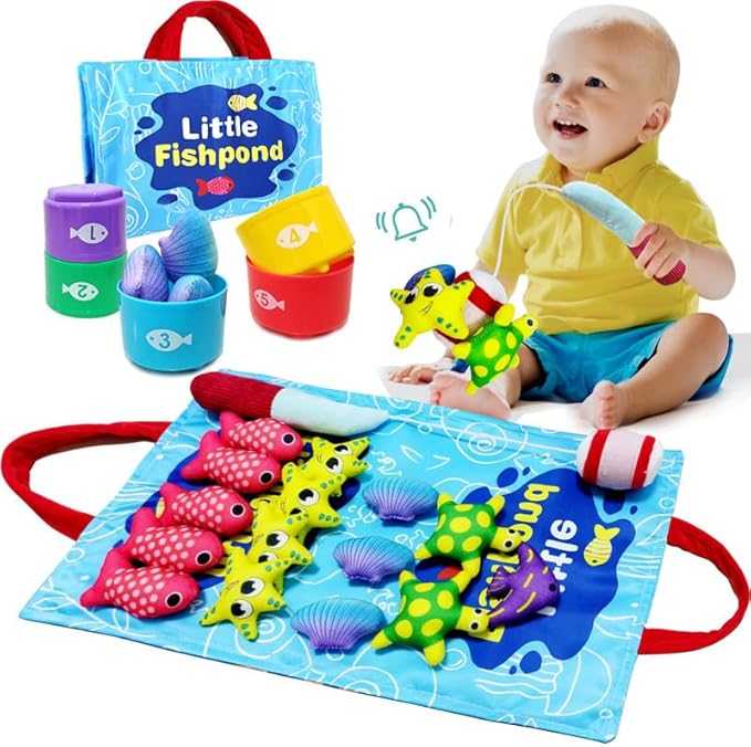 Montessori Toys for 1 Year Old, Cloth Fishing Game Toddler Toys with Stacking Cups, 22 Pcs Sorting Learning Baby Toys 12-18 Months, Birthday Gifts for 1 2 3 Year Old Boys Girls
