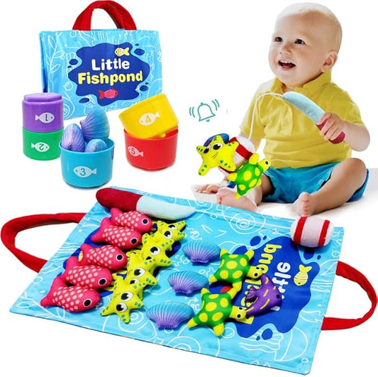Montessori Toys for 1 Year Old, Cloth Fishing Game Toddler Toys with Stacking Cups, 22 Pcs Sorting Learning Baby Toys 12-18 Months, Birthday Gifts for 1 2 3 Year Old Boys Girls