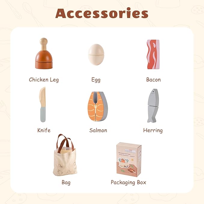 ROBOTIME Wooden Play Food Cutting Meat & Eggs Set, Pretend Play Toy Food for Play Kitchen with Shopping Bag – Kids Kitchen Accessories, Wooden Food Toys for Boys & Girls