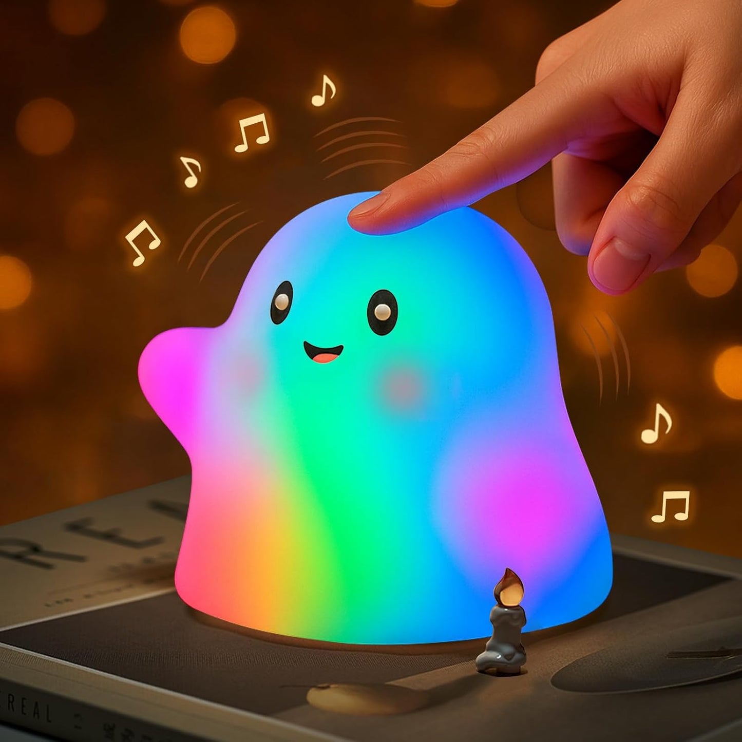 Halloween Ghost Night Light RGB – Touch Night Light for Kids, Rainbow Color-Changing,30-Min Timer,Sounds & Sleep Music, Squishy Silicone, USB Rechargeable, Nursery Decor, Ghost Light Decor