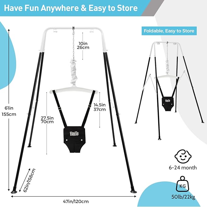 FUNLIO Baby Jumper with Stand for 6-24 Months, Toddler Jumper for Indoor/Outdoor Play, Infant for Baby Girl/Boy, with Adjustable Chain, Easy to Assemble & Store (with Stand) - Black
