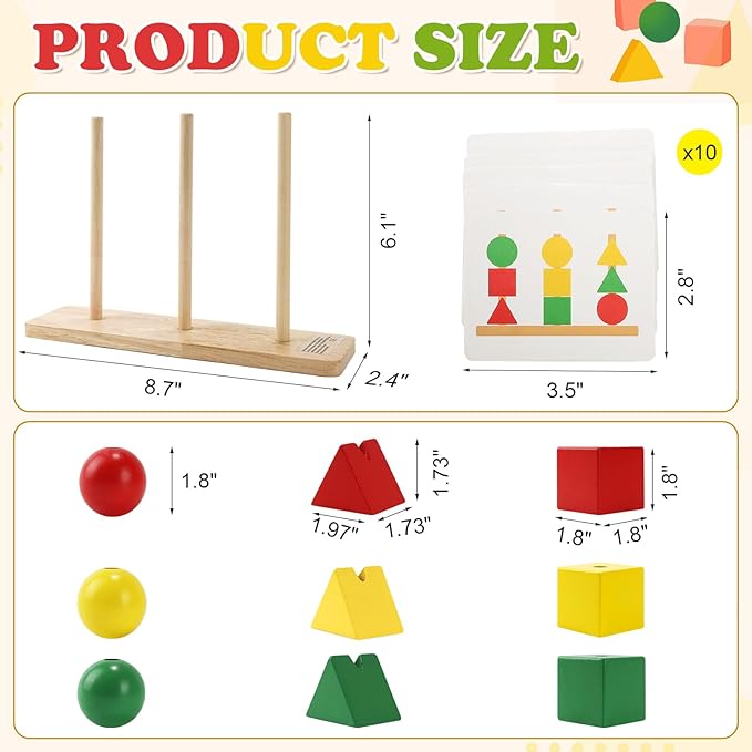 Wooden Sorting & Stacking Toys, Color Recognition Sensory Toys Shape Matching Game, Stacking Puzzle Building Blocks Learning Activities Fine Motor Skills Toy for 2 3 4 5 Years Old Kids