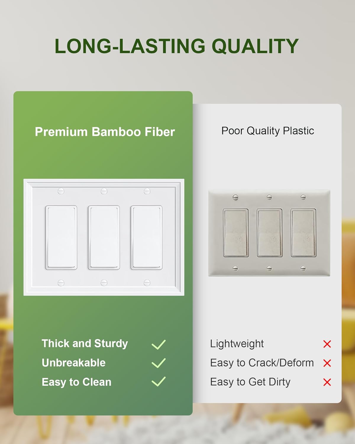 2-Pack Triple Decorator Outlet Cover Plate, White Decorative Switch Plates and Outlet Covers, Natural Bamboo Fiber Wall Plates for Electrical Outlets, Receptacle, GFCI Outlet, Dimmer Switch