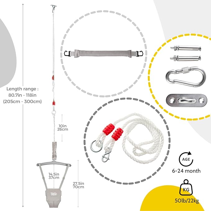 FUNLIO 2 in 1 Baby Jumper with a Ceiling Hook, Baby Walking Harness for 6-24 Months, Infant Jumper for Indoor/Outdoor Play, Infant Jumper Doorway with Adjustable Chain, Easy to Assemble & Store - Grey