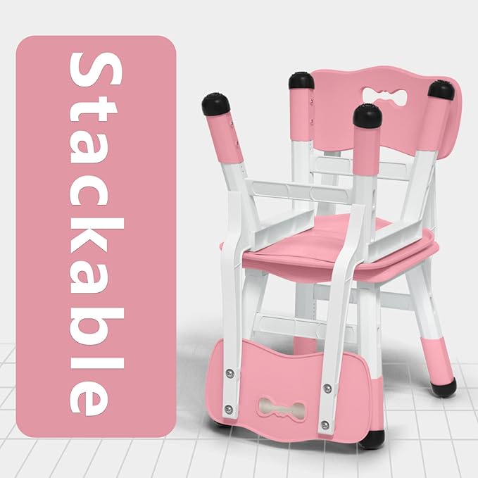 4 Piece Kids Chair Set 3 Levels Adjustable Stackable Kids Chairs Ideal for Playrooms, Schools, Daycares and Homes Washable and Easy to Clean Max Weight 220LB(Pink 4Piece Set)