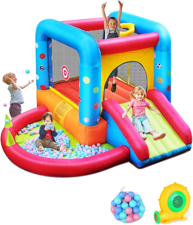 Step4Fun Inflatable Bounce House, Kids Castle Slide Bouncer for Children Jumping Outdoor and Indoor Party, Baby Backyard Water Jumper Toy with Blower, Ball Pit Pool, Ideal Gifts（112 x 98 x 65”）