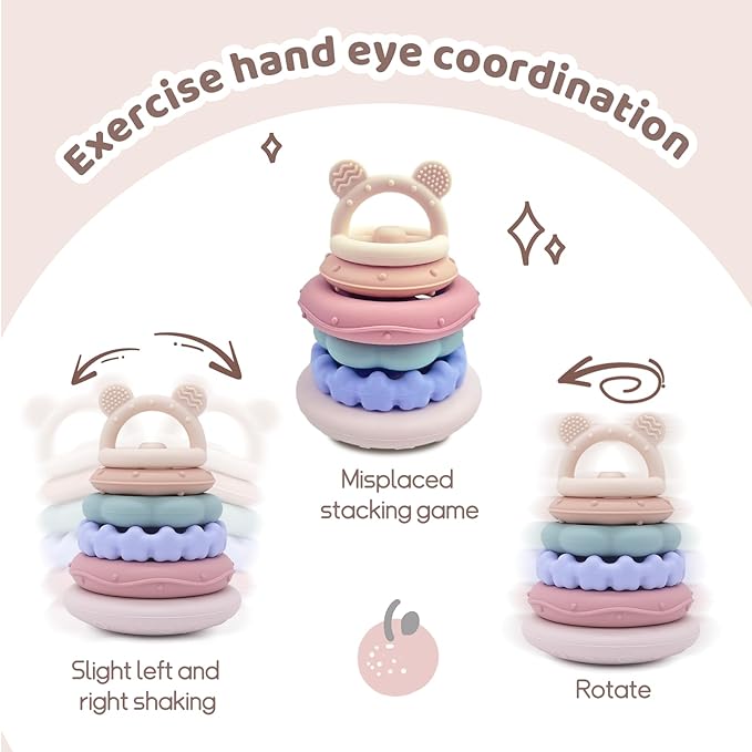 Baby Bear Teething & Stacking Toy Set - Teething Toys Silicone Teethers, Soft Baby Stacker Rings Teether, Learning Toy Gift for Boys and Girls 6+ Months (Pink)
